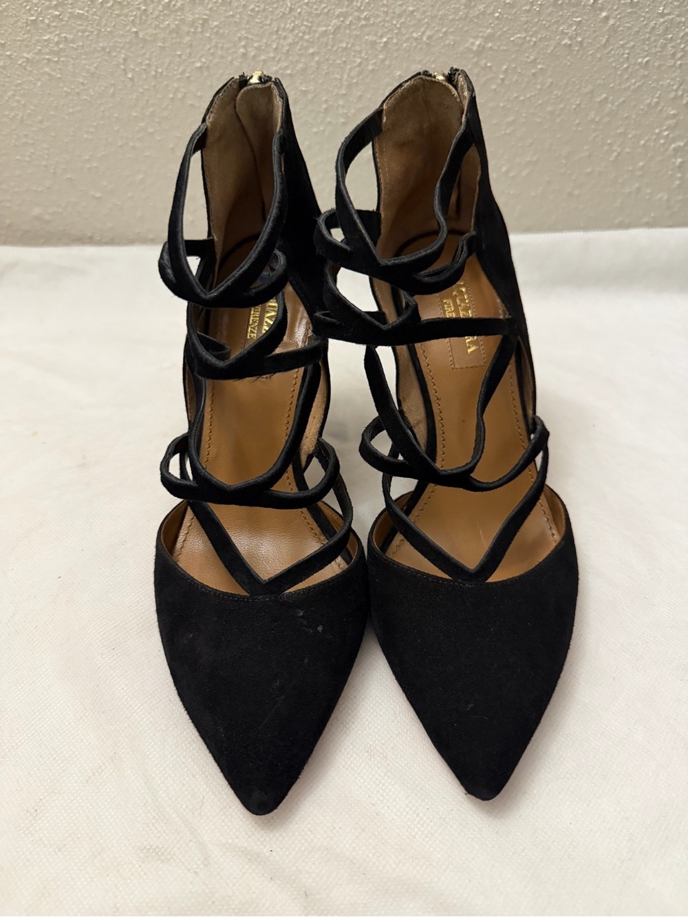 Aquazzura Black Strappy Pointed-Toe Heels, pre-owned, gently used.